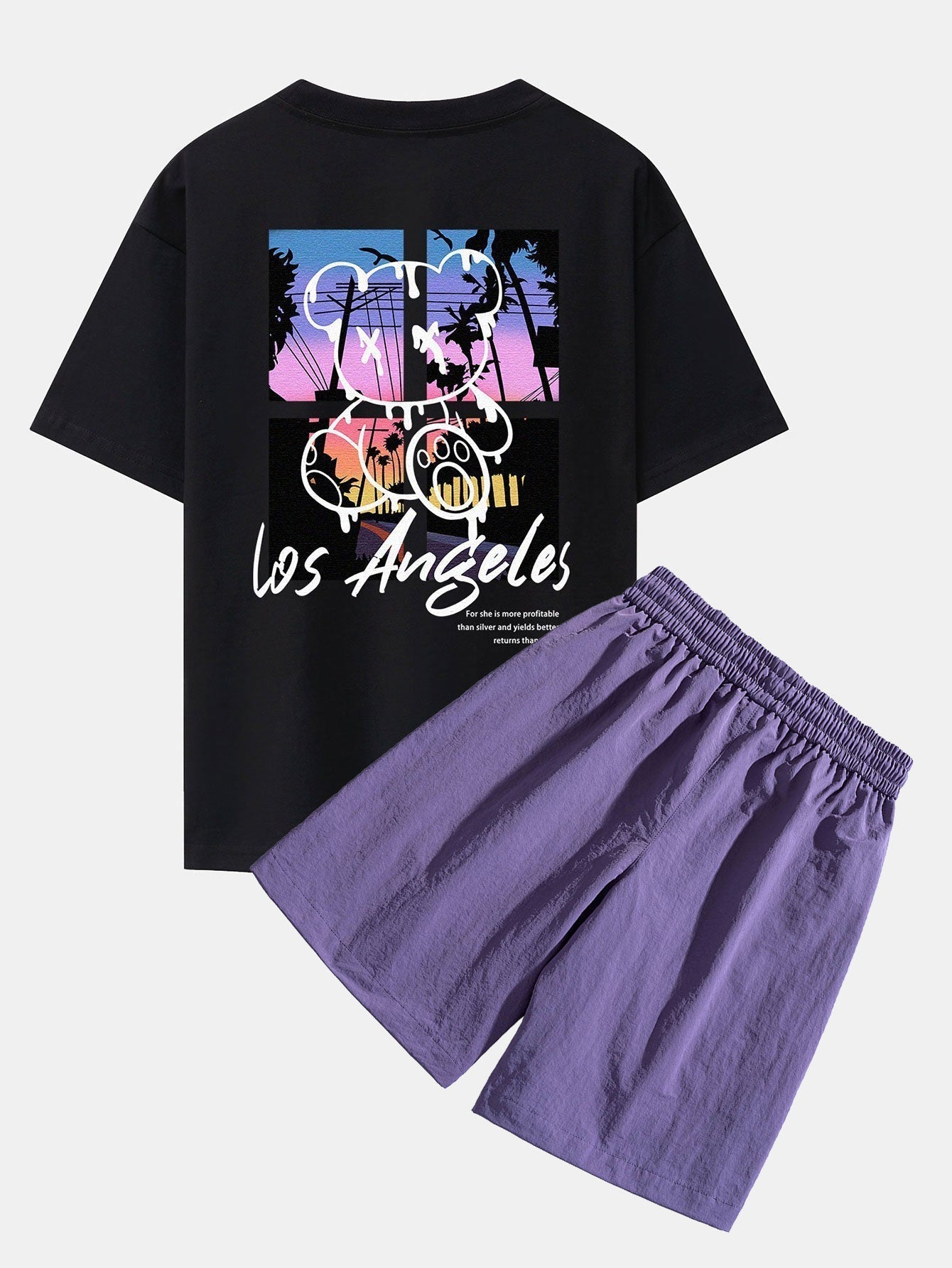 Los Angeles Illustration Bear Print Drop Shoulder Oversize T-Shirt & Patch Pocket Drawstring Shorts