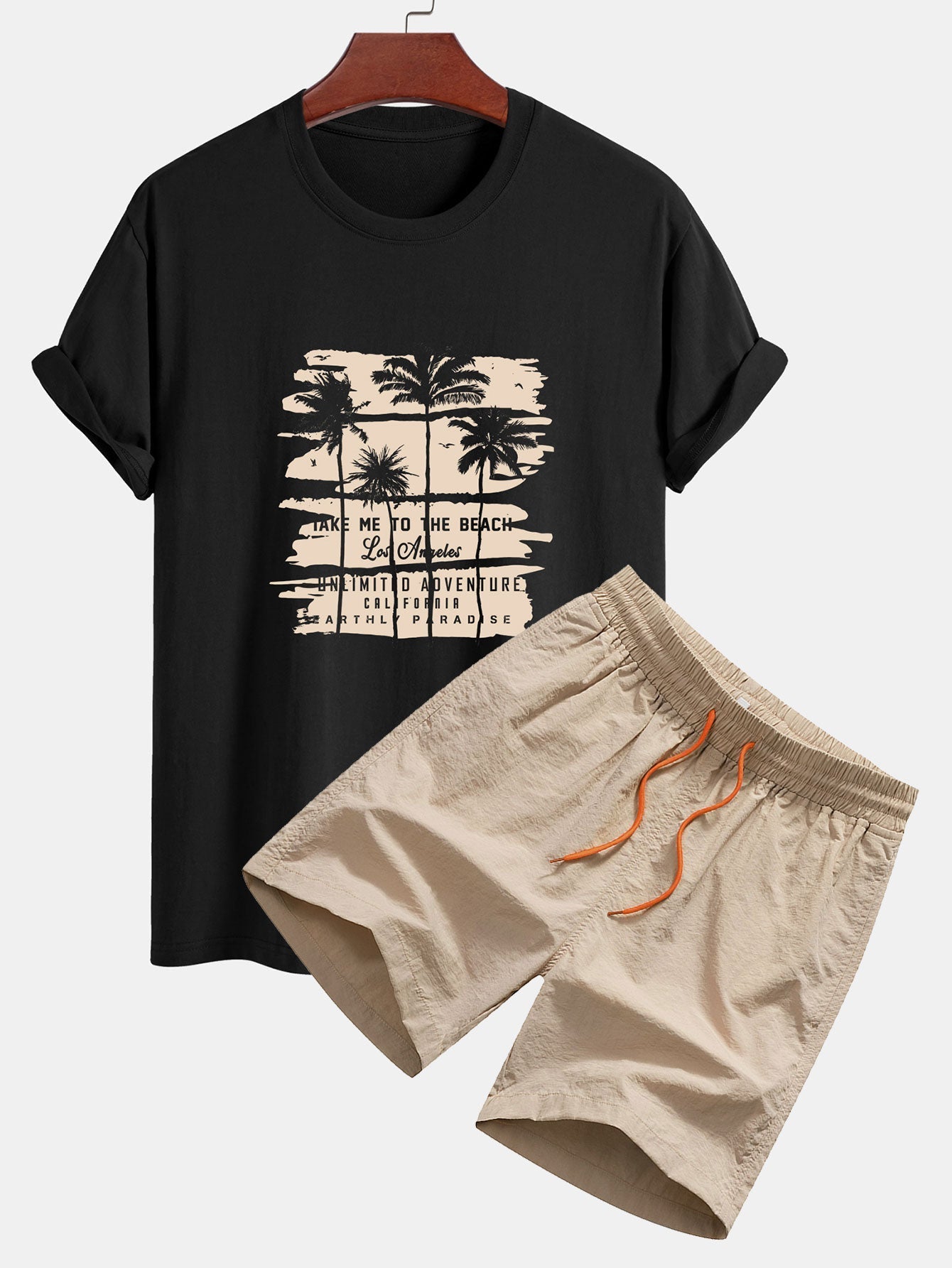 Palm Tree Silhouette Print Cotton T-Shirt & Man Mid Length Drawstring Swim Shorts