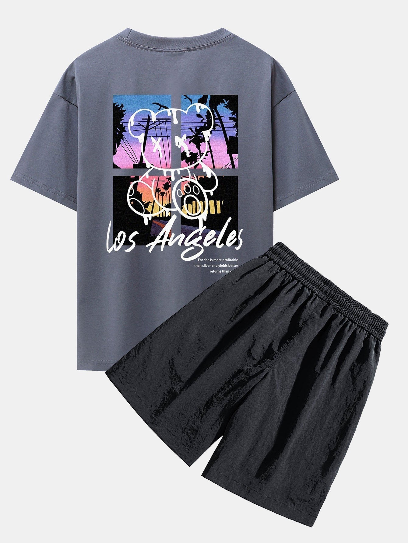 Los Angeles Illustration Bear Print Drop Shoulder Oversize T-Shirt & Patch Pocket Drawstring Shorts