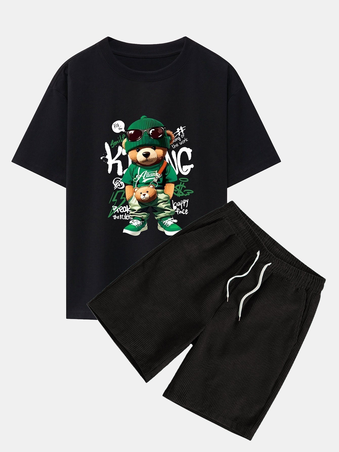 Graffiti Bear Print Drop Shoulder Oversize T-Shirt & Drawstring Corduroy Shorts