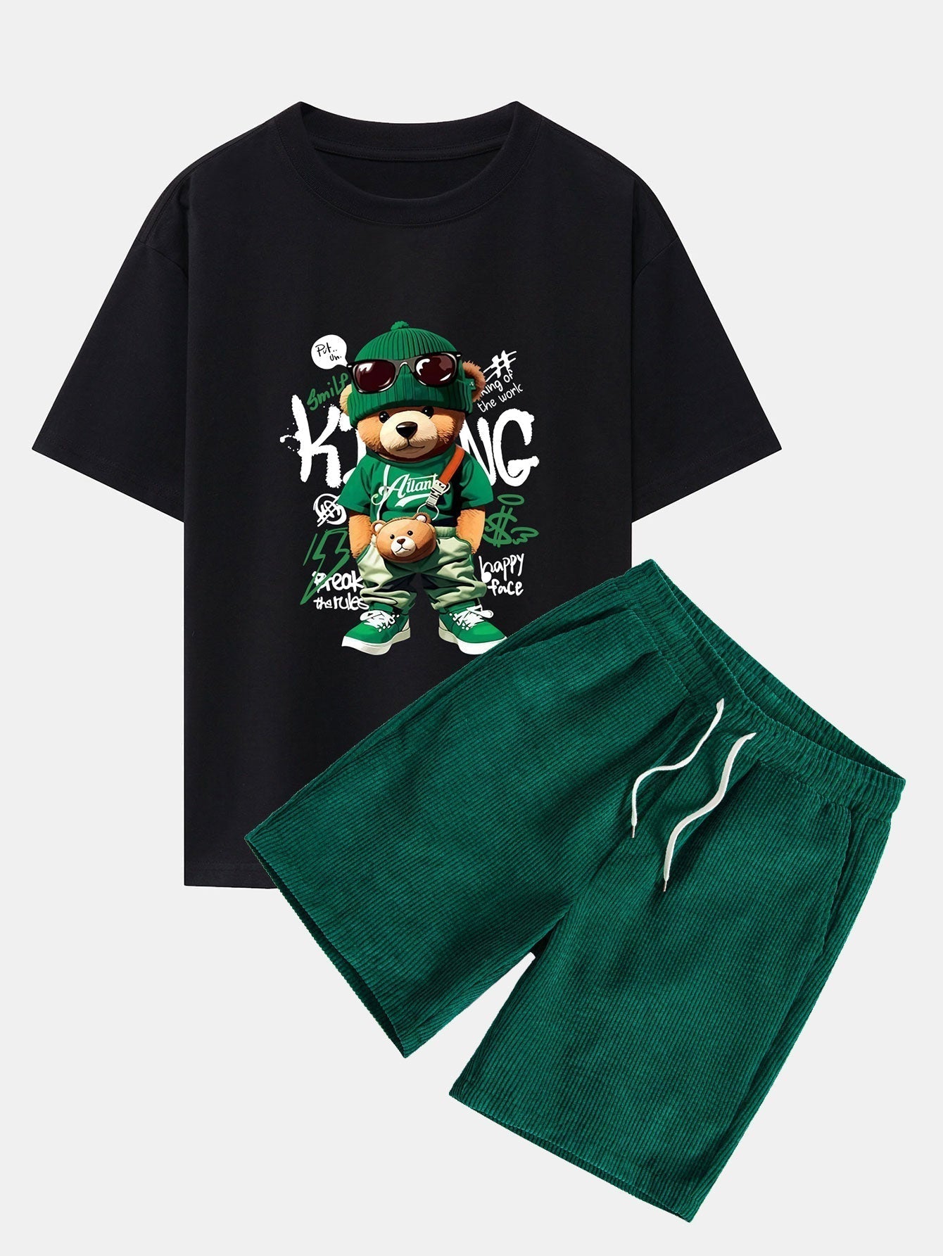 Graffiti Bear Print Drop Shoulder Oversize T-Shirt & Drawstring Corduroy Shorts