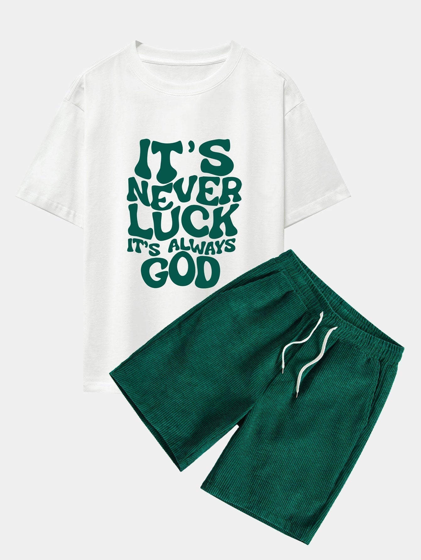 God Slogan Print Drop Shoulder Oversize T-Shirt & Drawstring Corduroy Shorts