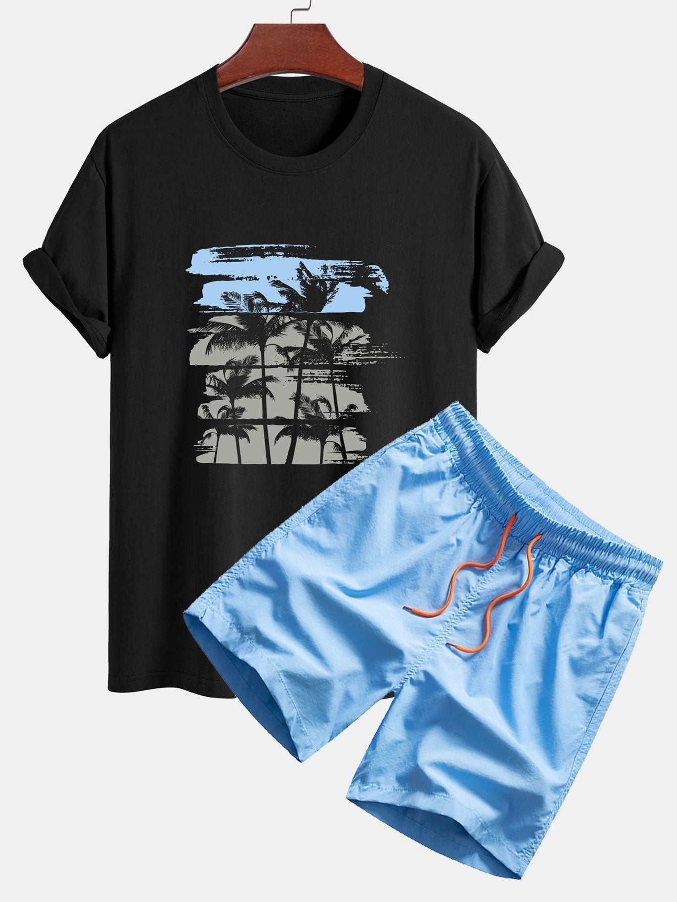 Palm Tree Silhouette Print Cotton T-Shirt & Swim Shorts
