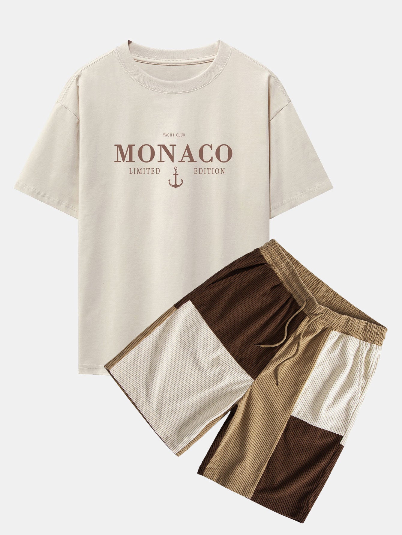 Monaco Slogan Print Drop Shoulder Oversize T-Shirt & Colorblock Corduroy Shorts