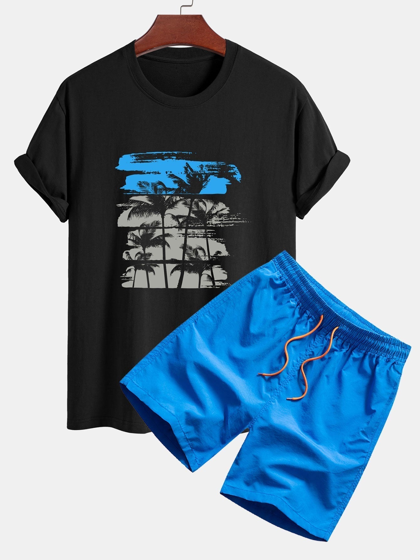Palm Tree Silhouette Print Cotton T-Shirt & Swim Shorts