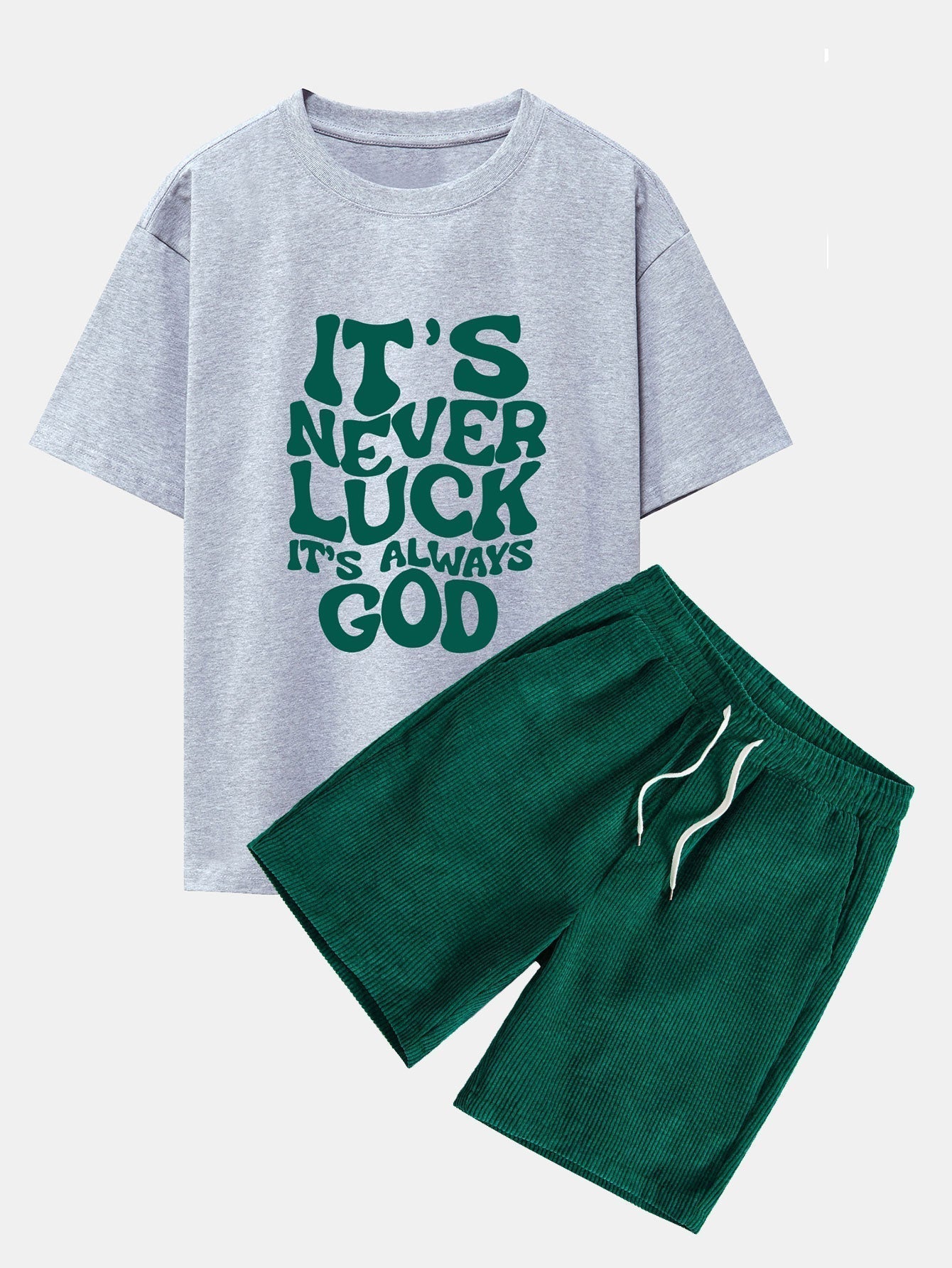 God Slogan Print Drop Shoulder Oversize T-Shirt & Drawstring Corduroy Shorts