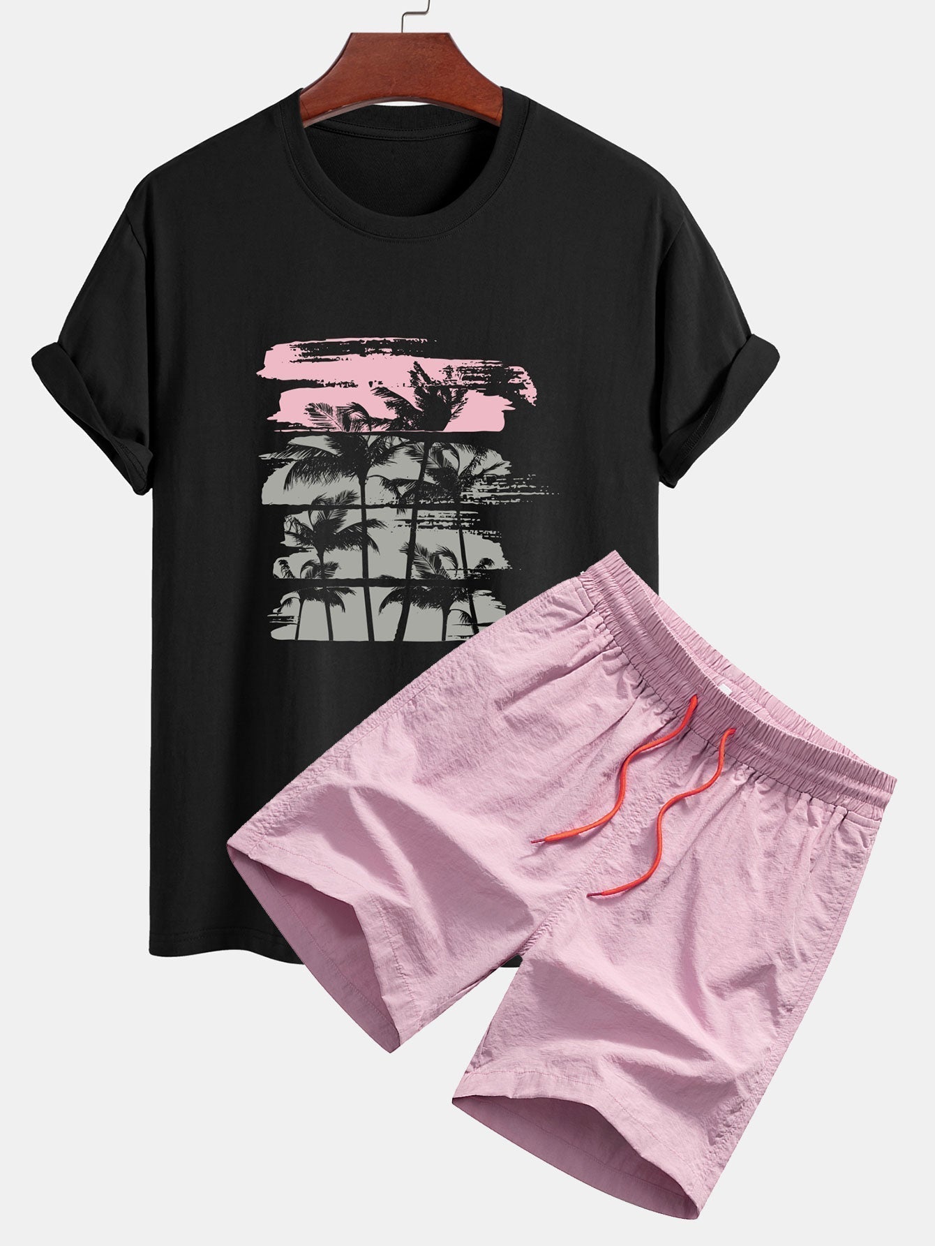 Palm Tree Silhouette Print Cotton T-Shirt & Swim Shorts