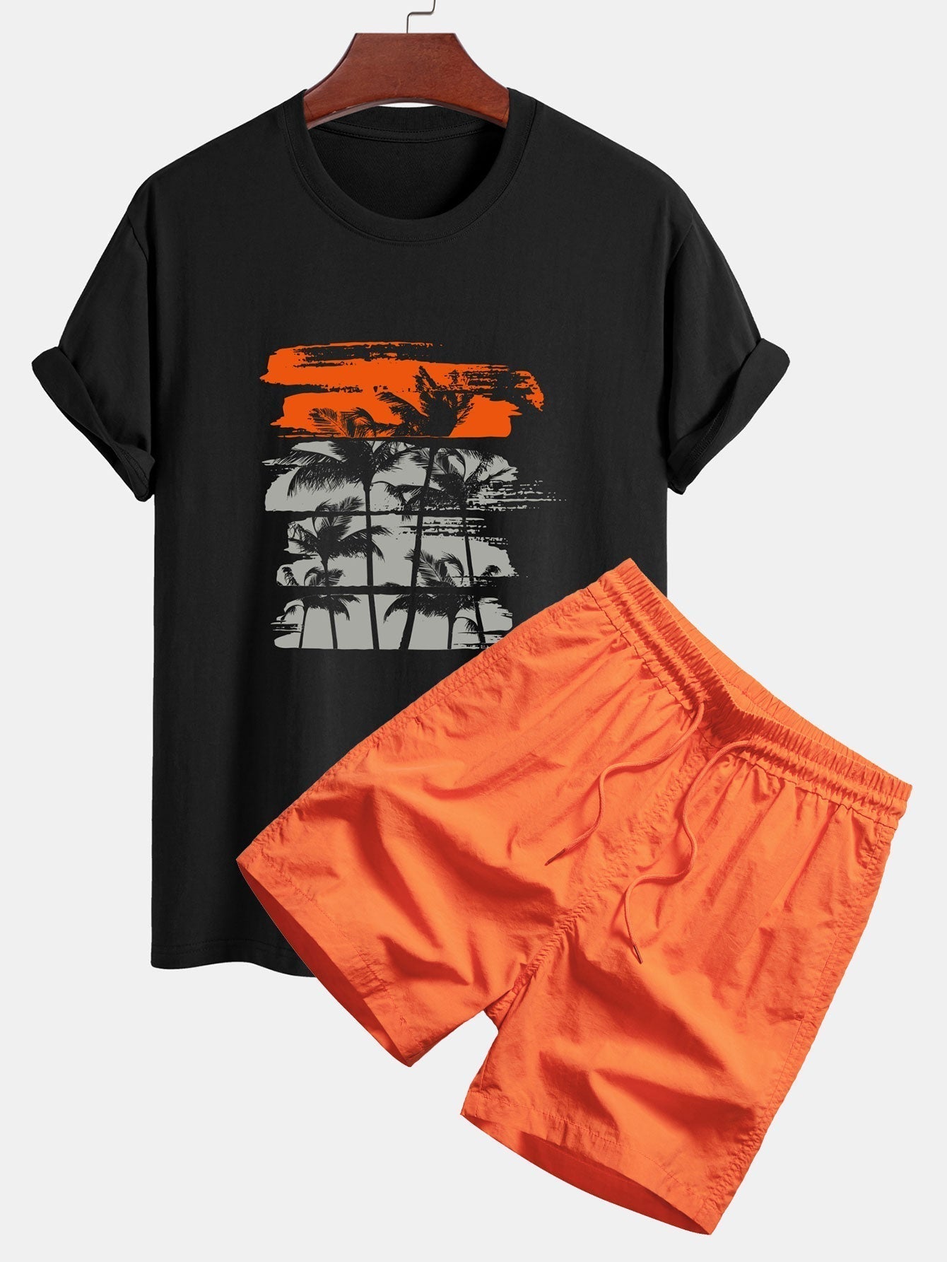 Palm Tree Silhouette Print Cotton T-Shirt & Swim Shorts