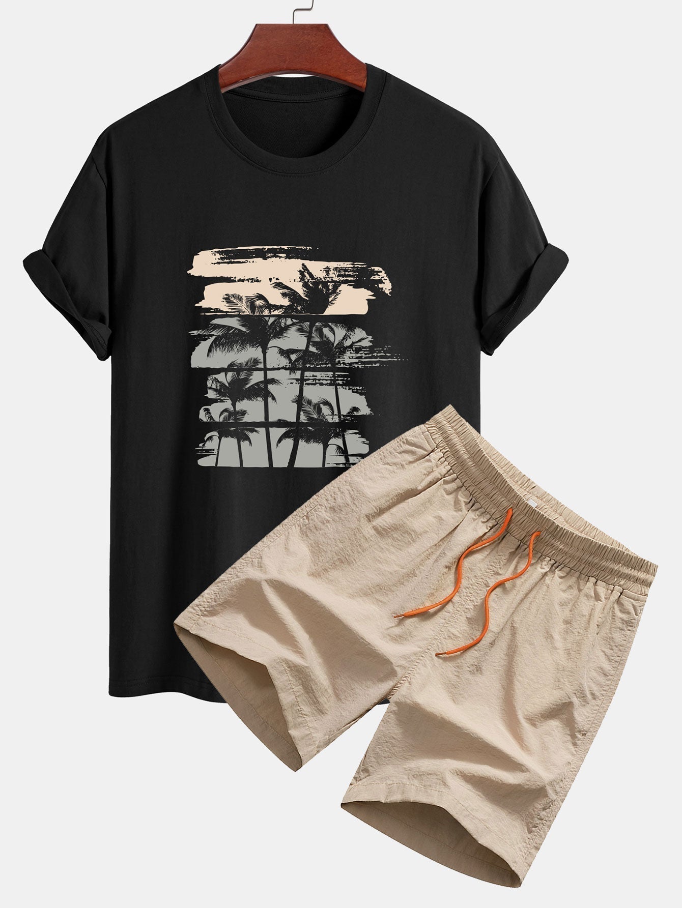 Palm Tree Silhouette Print Cotton T-Shirt & Swim Shorts