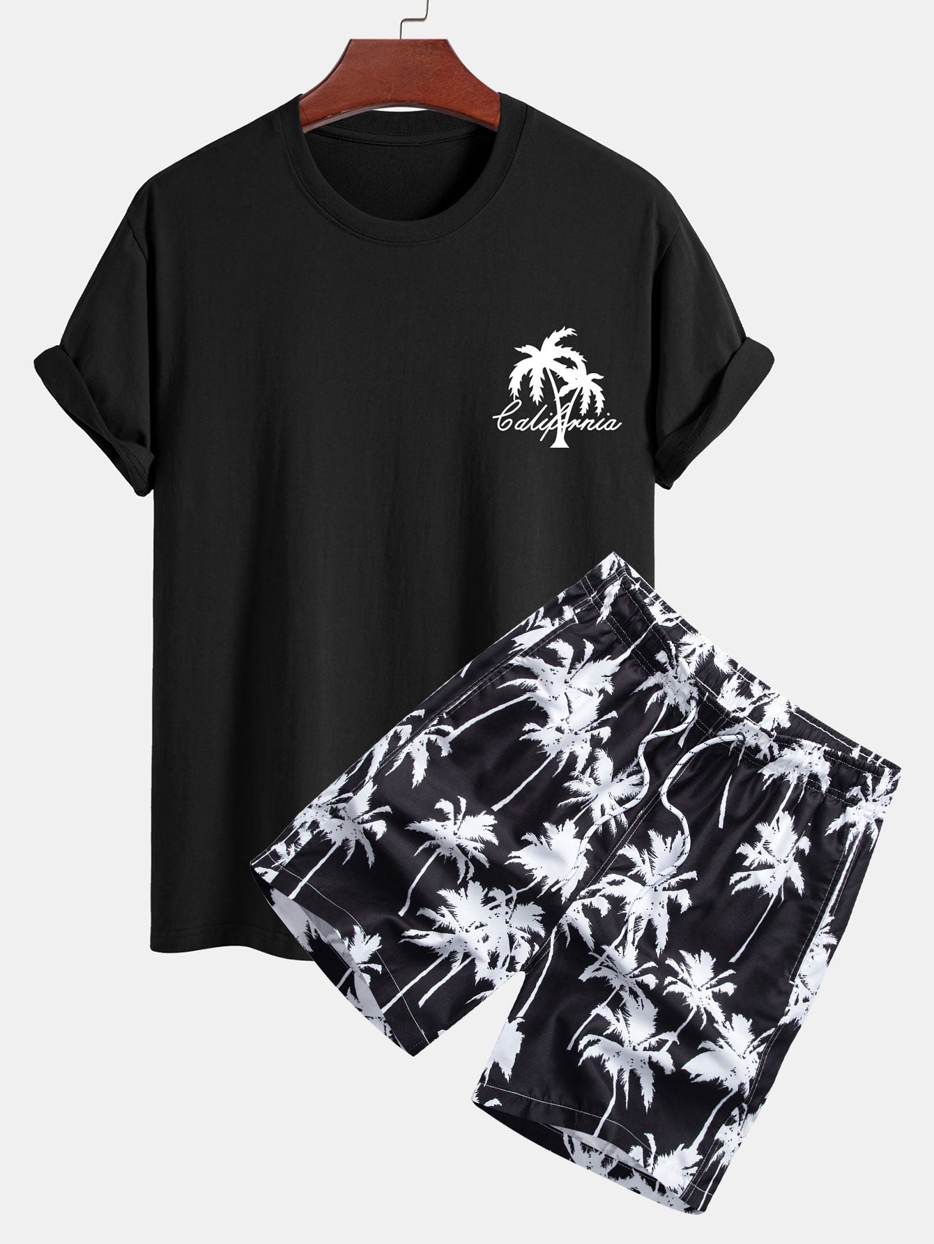 Regular Fit California Palm Tree Print Cotton T-Shirt & Palm Tree Print Swim Shorts