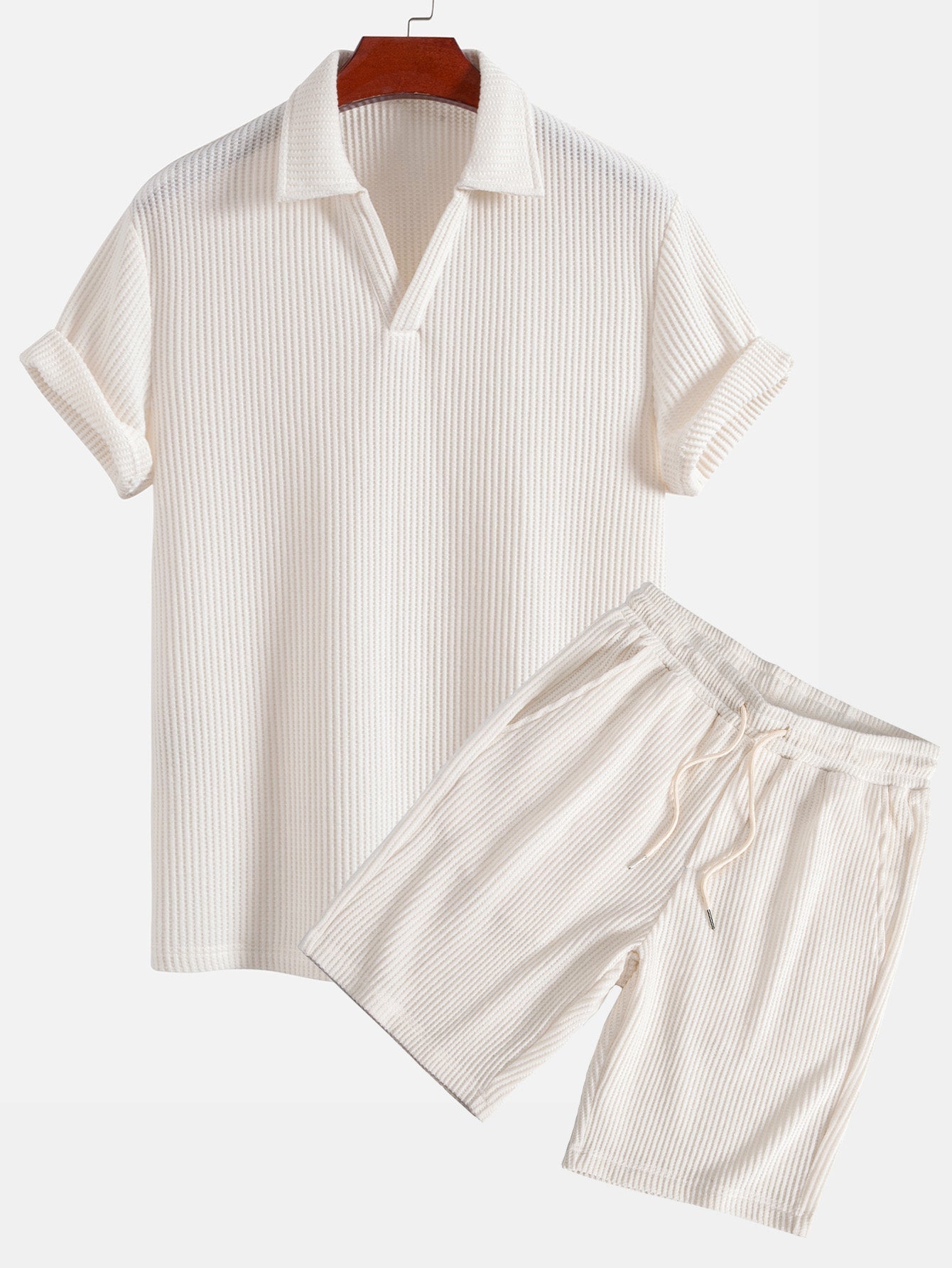 Short Sleeved Waffle V-neck Polo & Drawstring Knitted Waffle Shorts