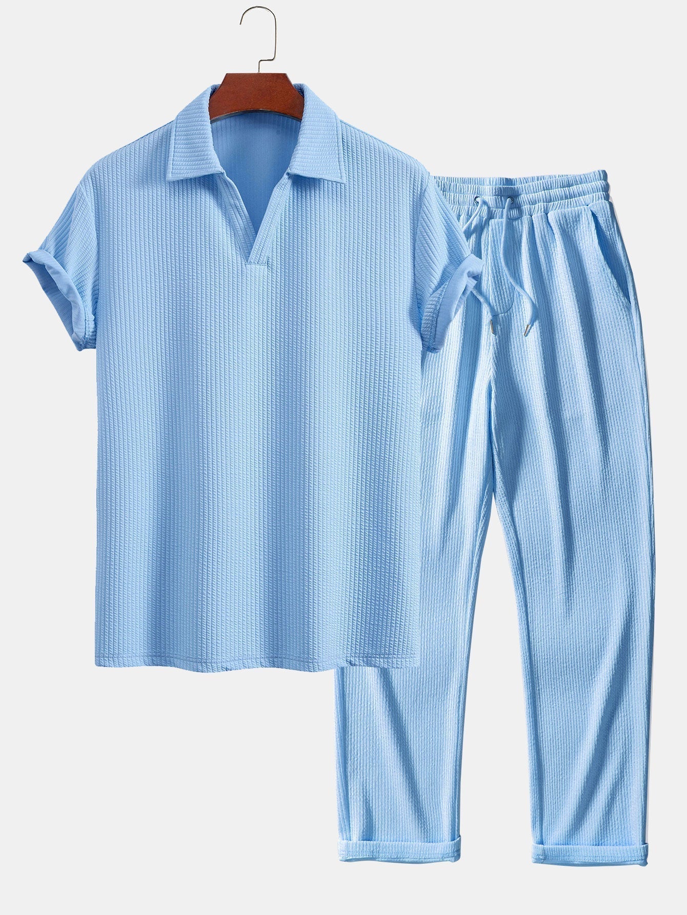 Short Sleeved V-Neck Ribbed Polo & Straight Leg Ribbed Pants