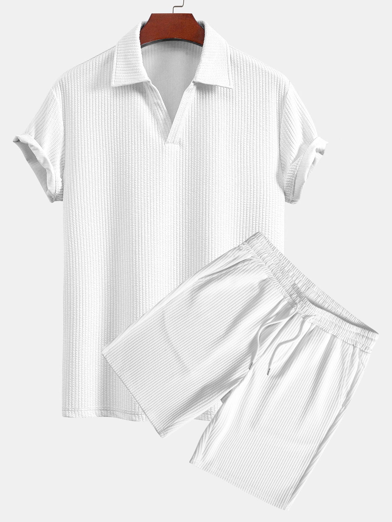 Short Sleeved V-Neck Ribbed Polo & Drawstring Ribbed Shorts