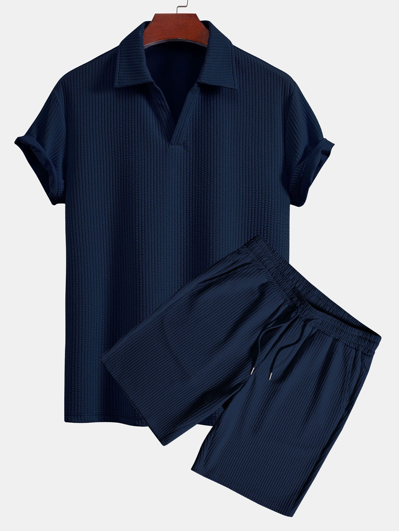 Short Sleeved V-Neck Ribbed Polo & Drawstring Ribbed Shorts