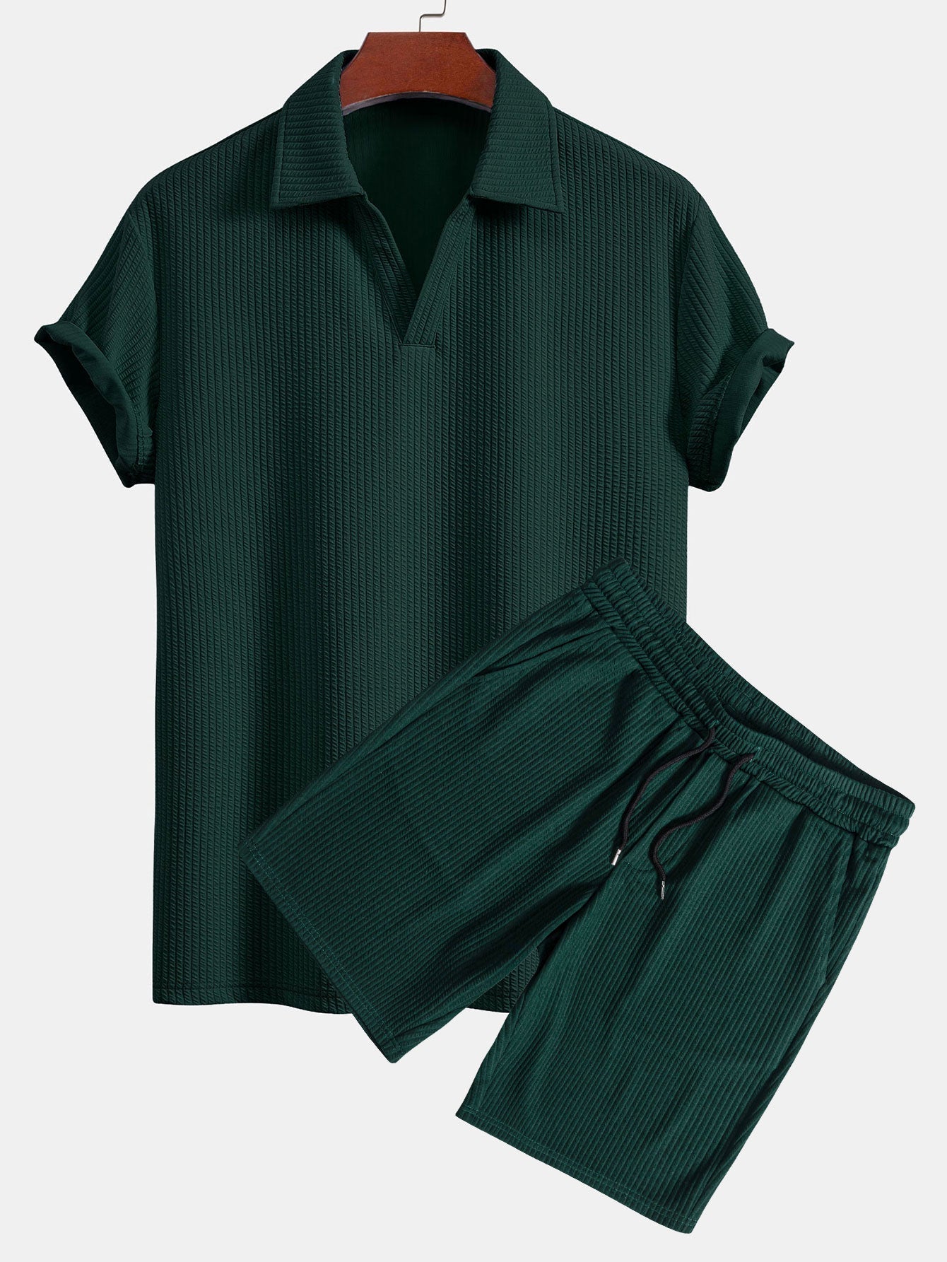 Short Sleeved V-Neck Ribbed Polo & Drawstring Ribbed Shorts