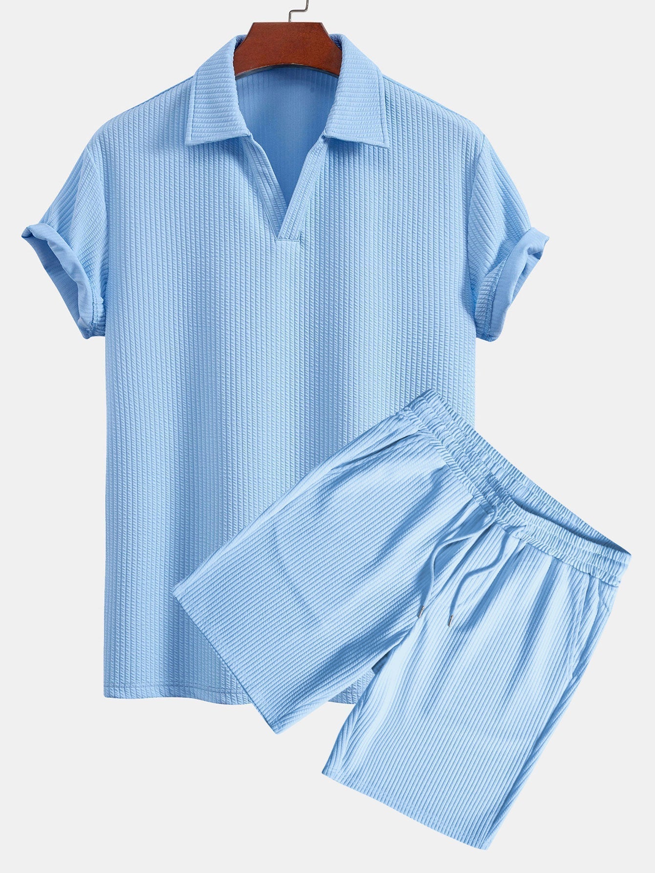 Short Sleeved V-Neck Ribbed Polo & Drawstring Ribbed Shorts