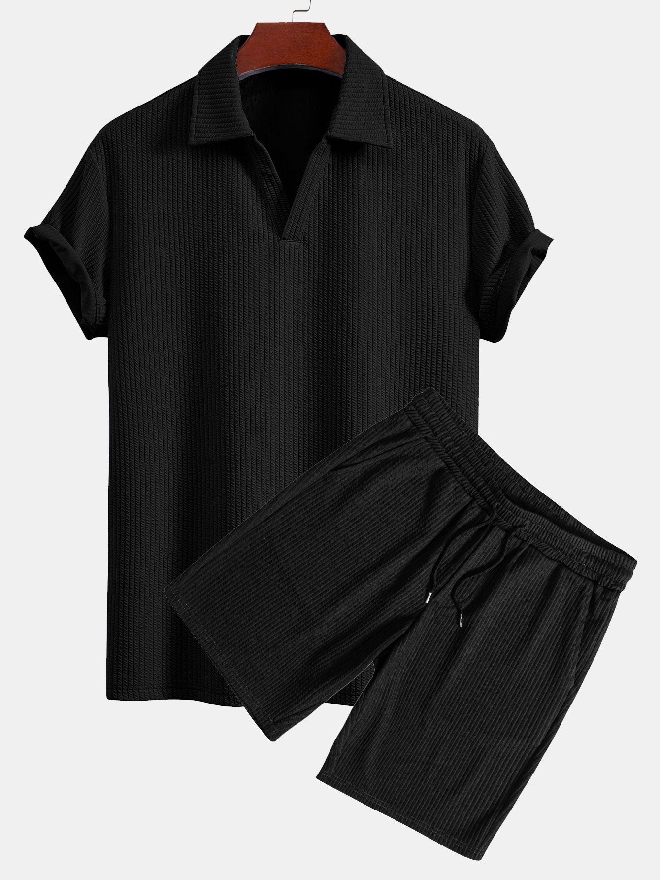 Short Sleeved V-Neck Ribbed Polo & Drawstring Ribbed Shorts