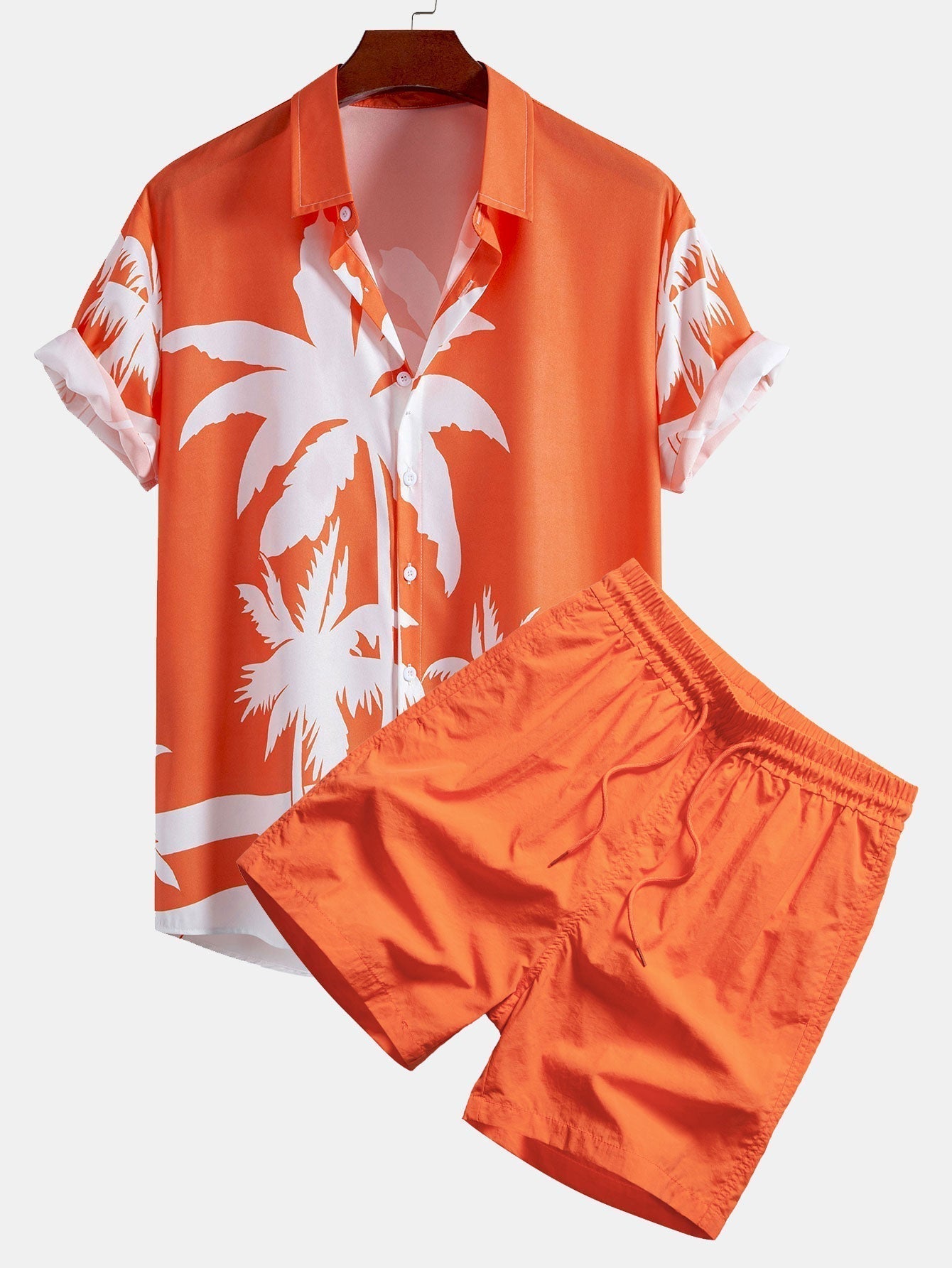 Palm Tree Print Button Up Shirt & Man Mid Length Drawstring Swim Shorts