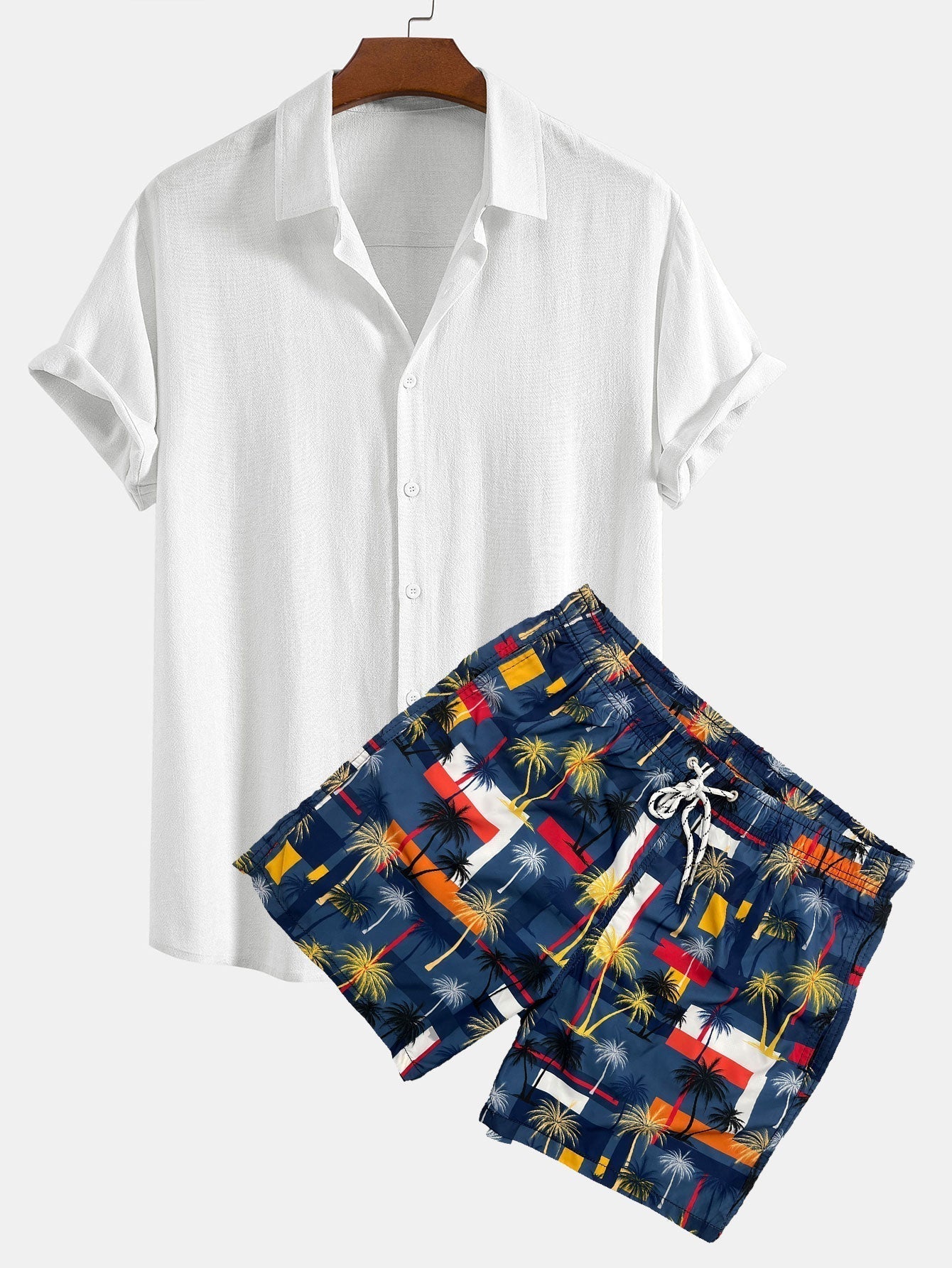 Linen Rayon Blend Button Up Shirt & Palm Tree Color Block Print Swim Shorts