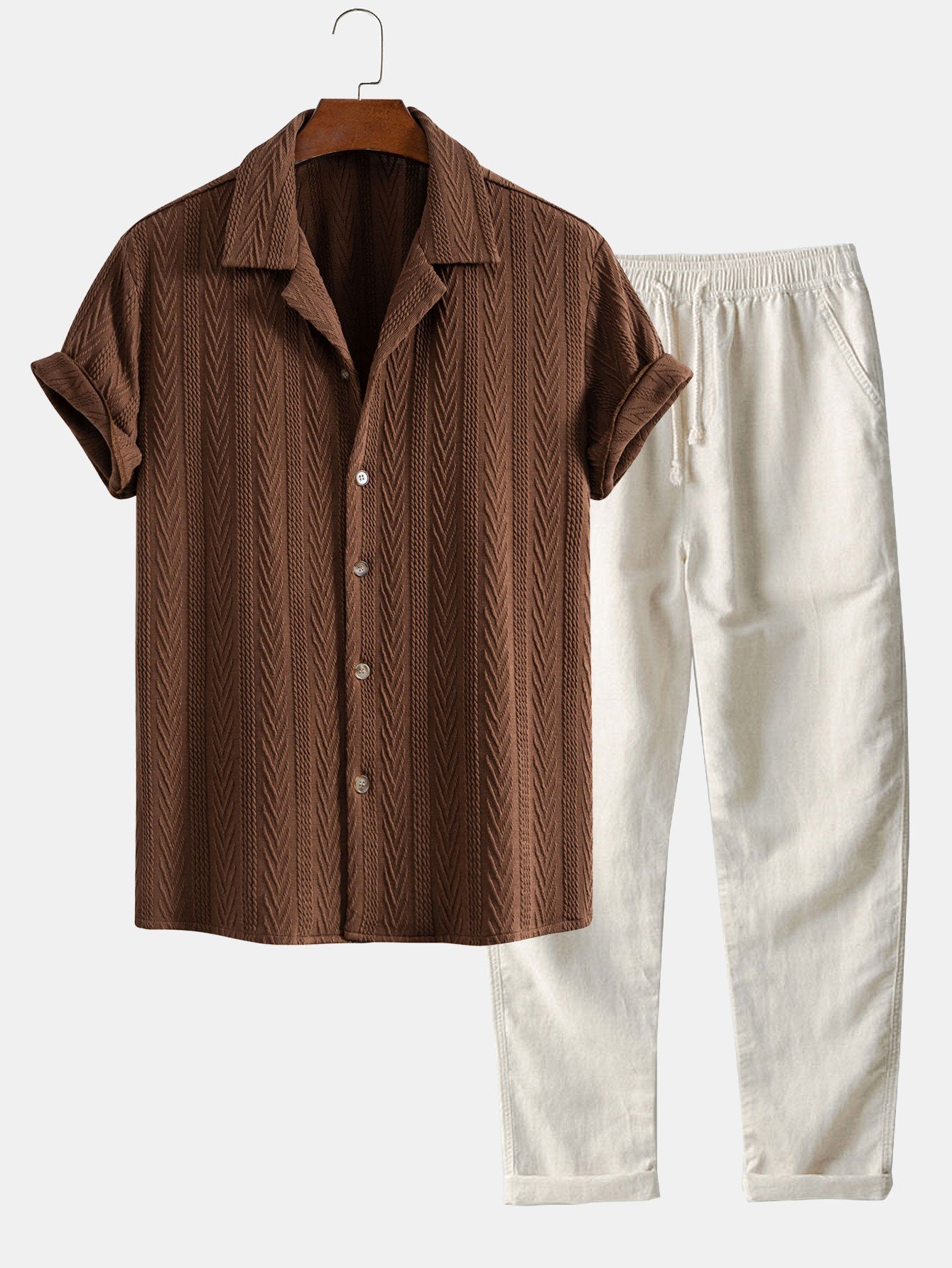 Texture Jacquard Cuban Shirt & Straight Leg Linen Pants