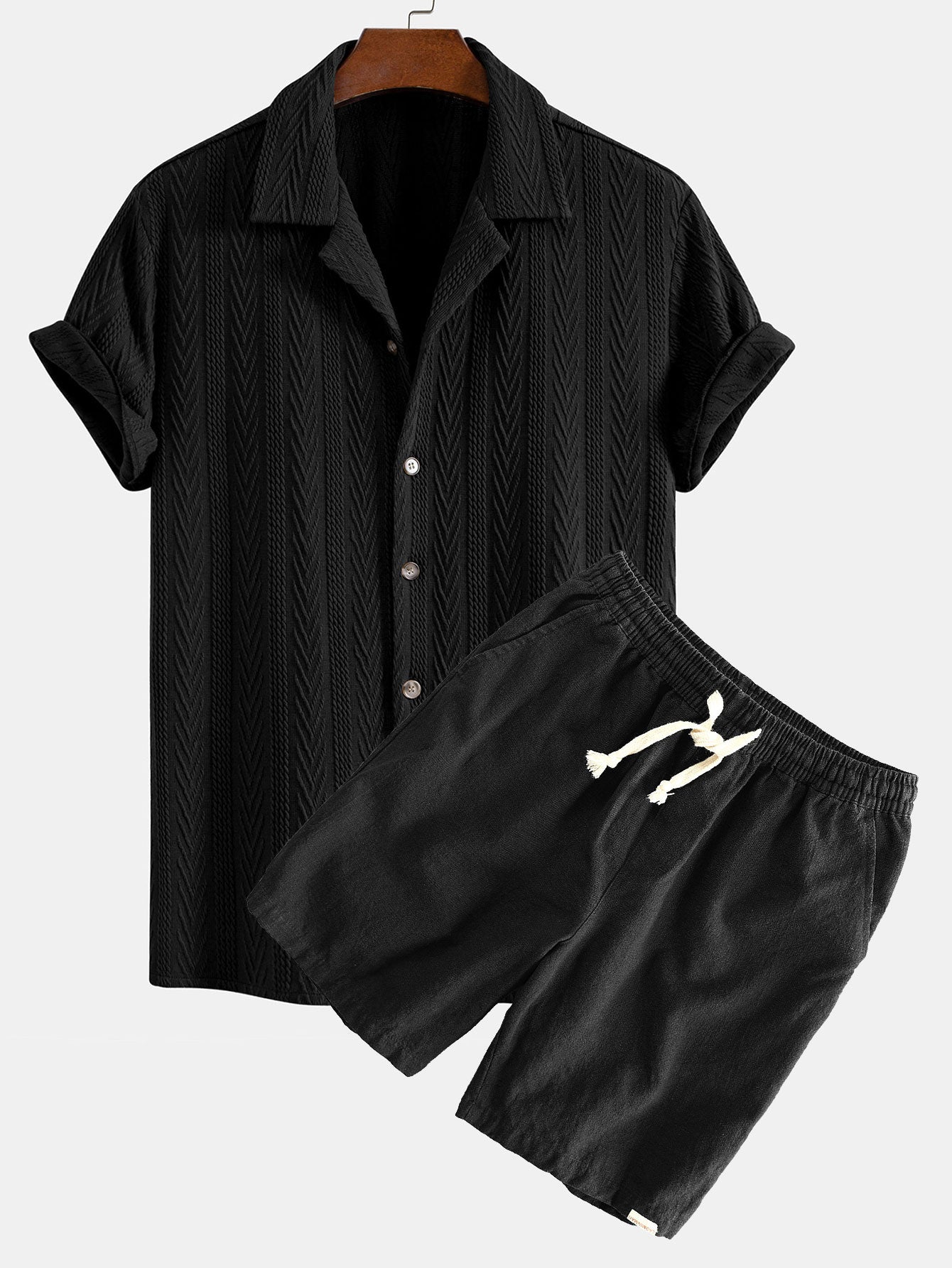 Texture Jacquard Cuban Shirt & Linen Cotton Blend Drawstring Shorts