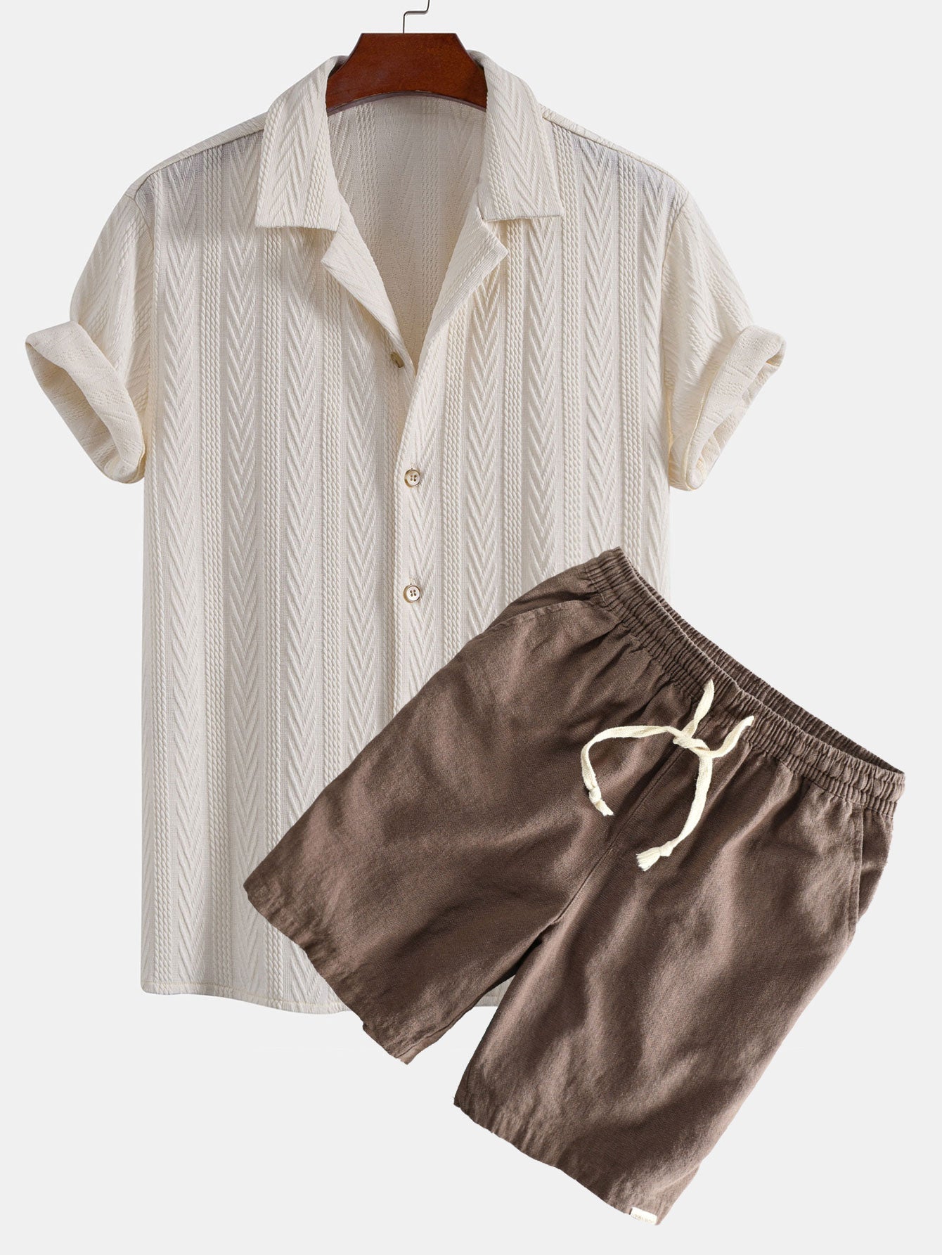 Texture Jacquard Cuban Shirt & Linen Cotton Blend Drawstring Shorts