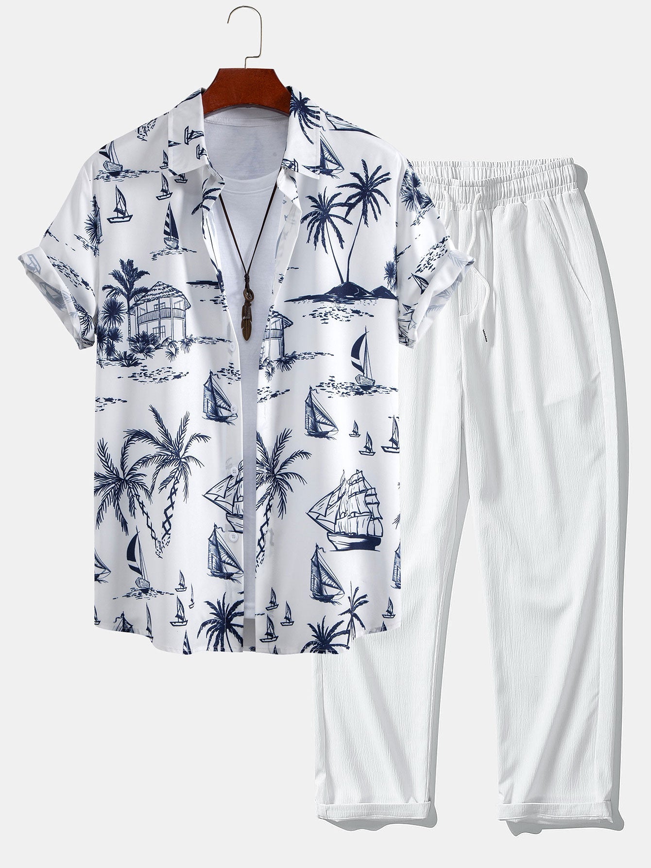 Island Sailing Print Button Up Shirt & Wrinkle Textured Straight Leg Pants