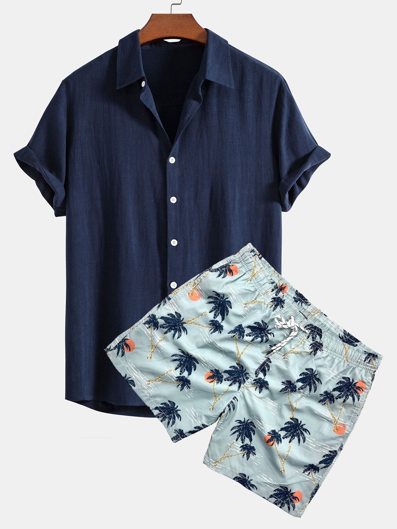 Linen Rayon Blend Button Up Shirt & Palm Tree Sunset Print Swim Shorts