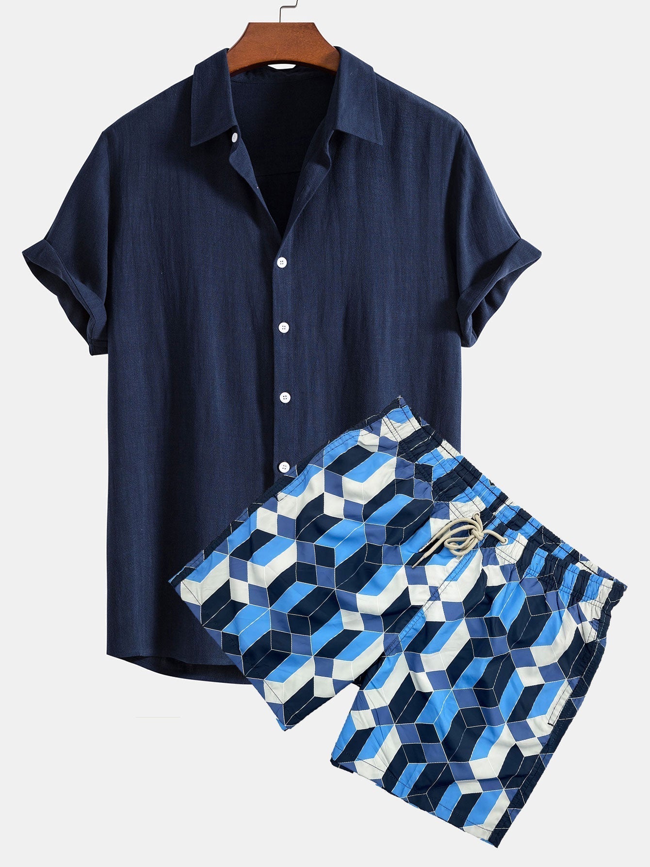 Linen Rayon Blend Button Up Shirt & Geometric Color Block Print Swim Shorts