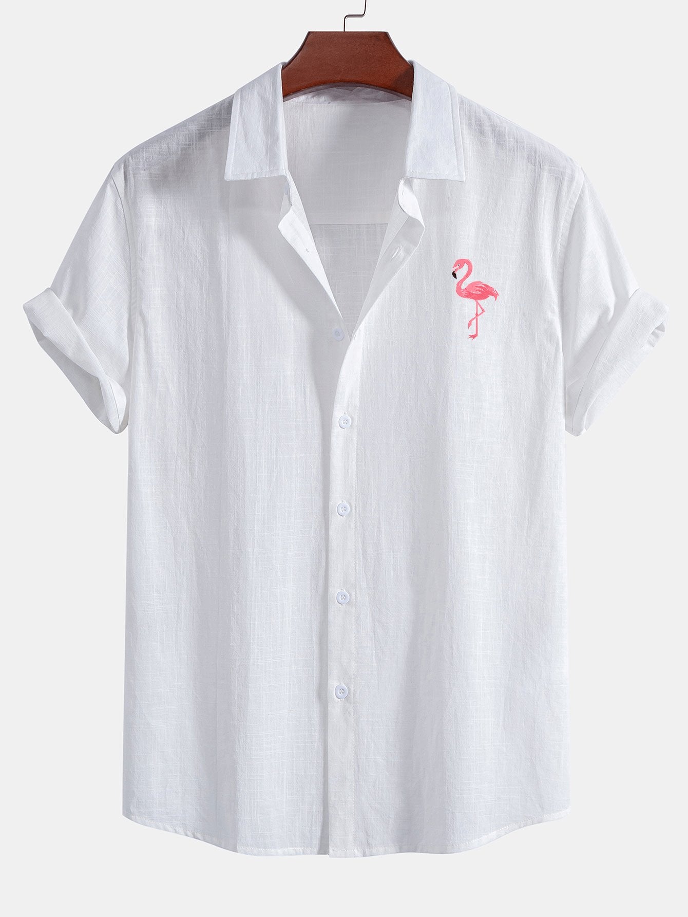 Flamingo Print Linen Look Cotton Button Up Shirt & Swim Shorts