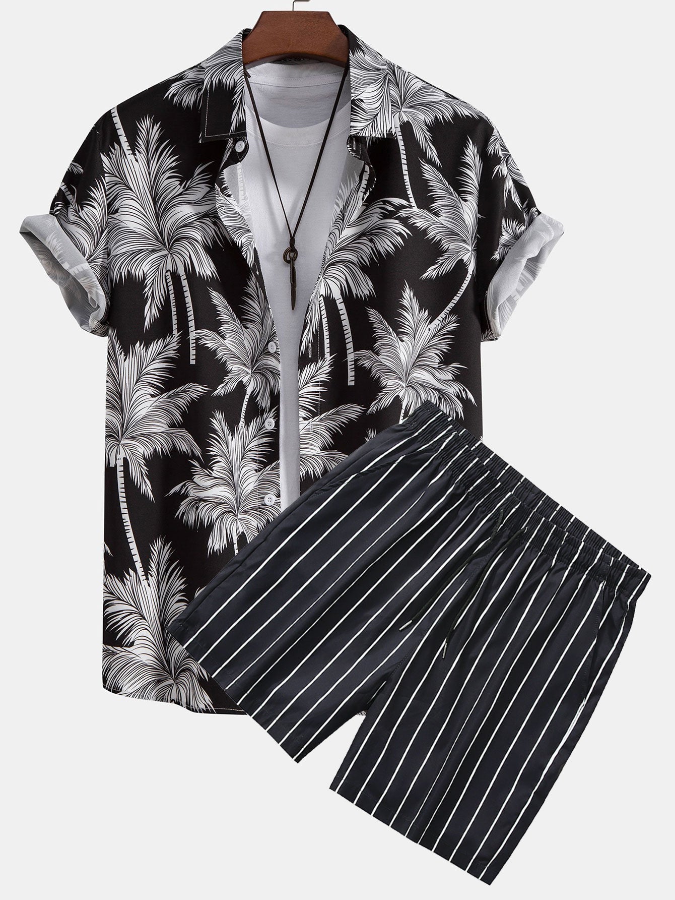 Palm Tree Print Button Up Shirt & Striped Swim Shorts