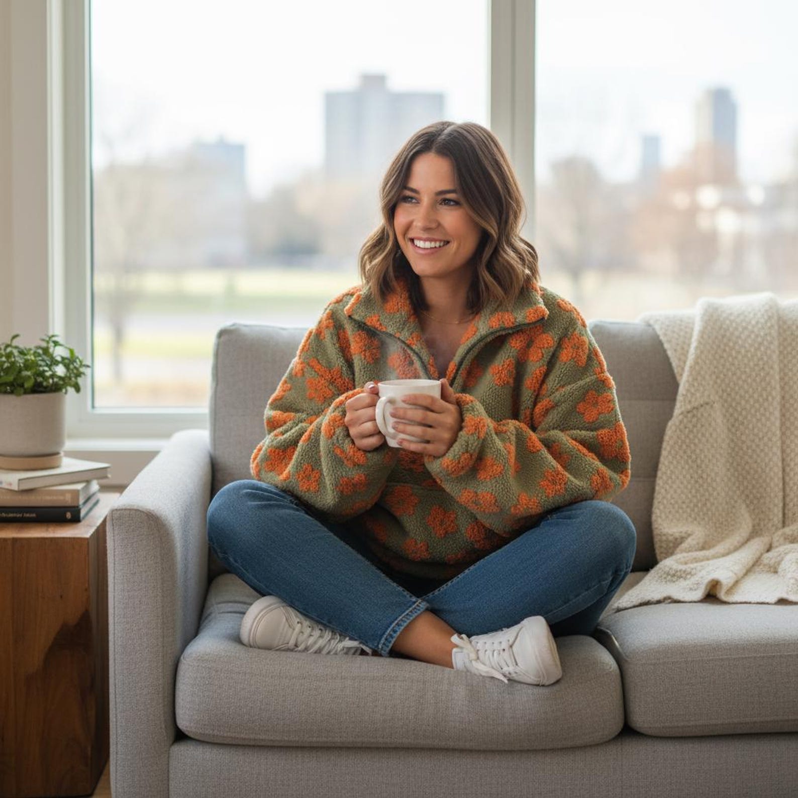 Elena - Pull fleuri en polaire sherpa avec demi-zip