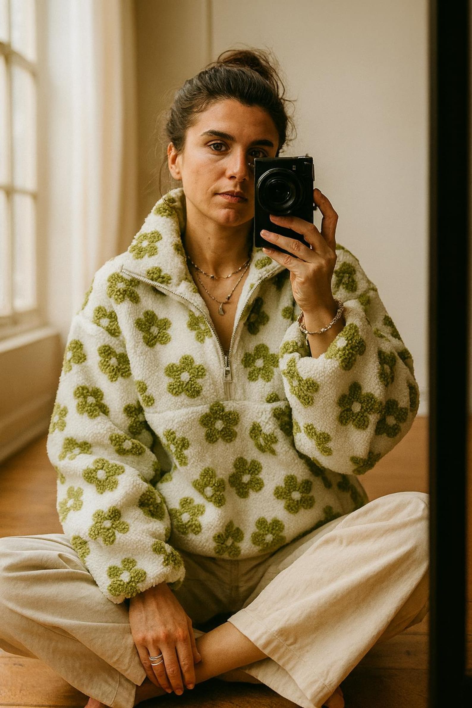 Elena - Pull fleuri en polaire sherpa avec demi-zip