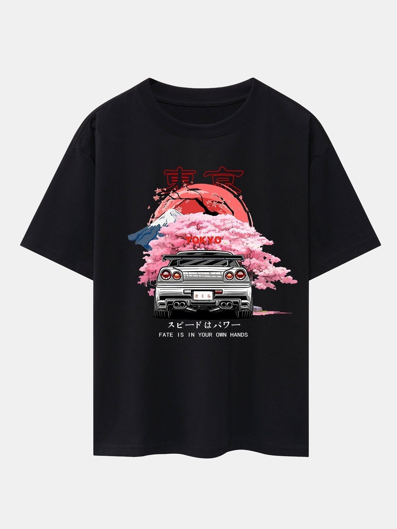 Tokyo Cherry Blossoms Car Print Drop Shoulder Oversize T-Shirt & Corduroy Drawstring Shorts