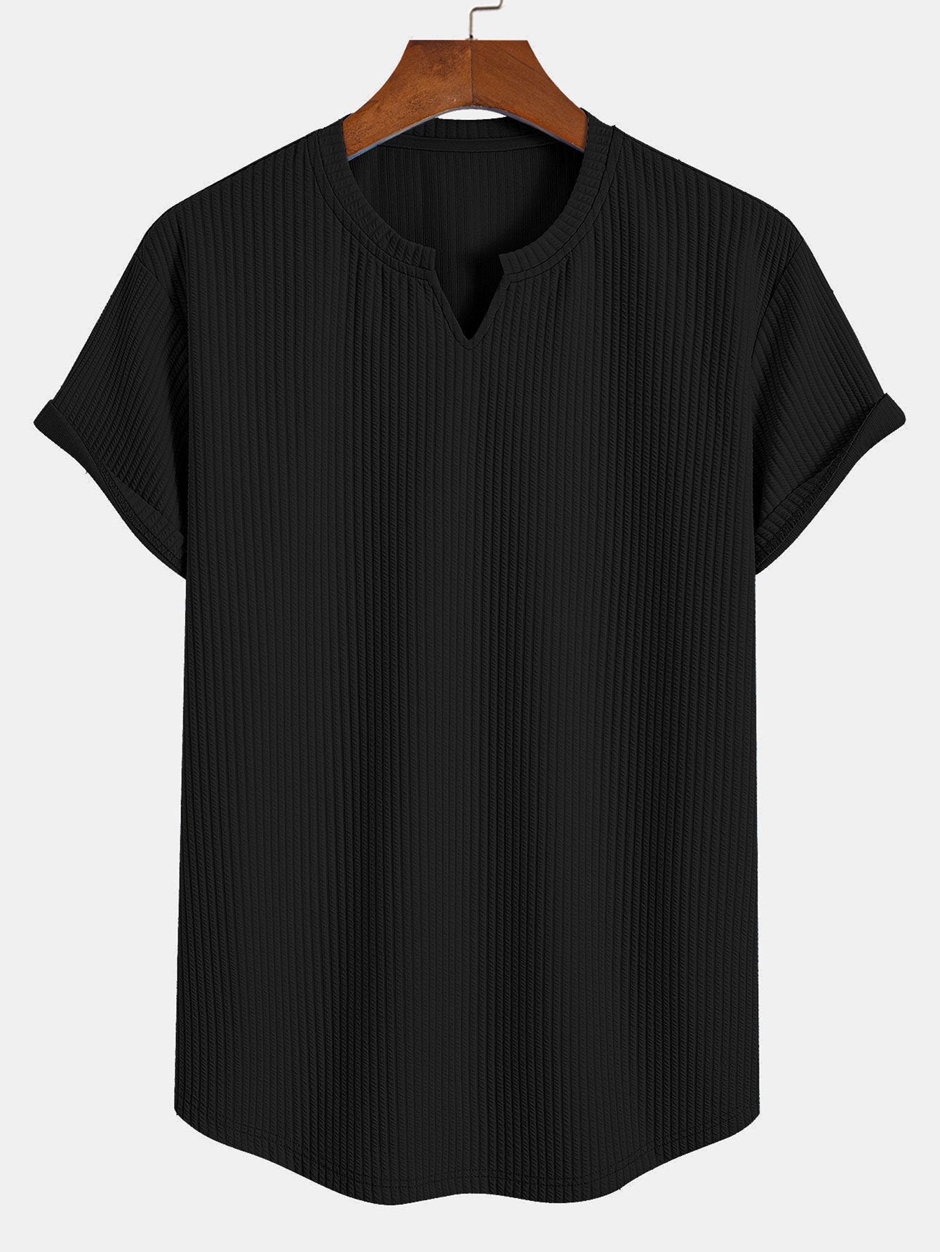 Muscle Fit Notch Ribbed Arc Hem T-Shirt & Drawstring Ribbed Shorts