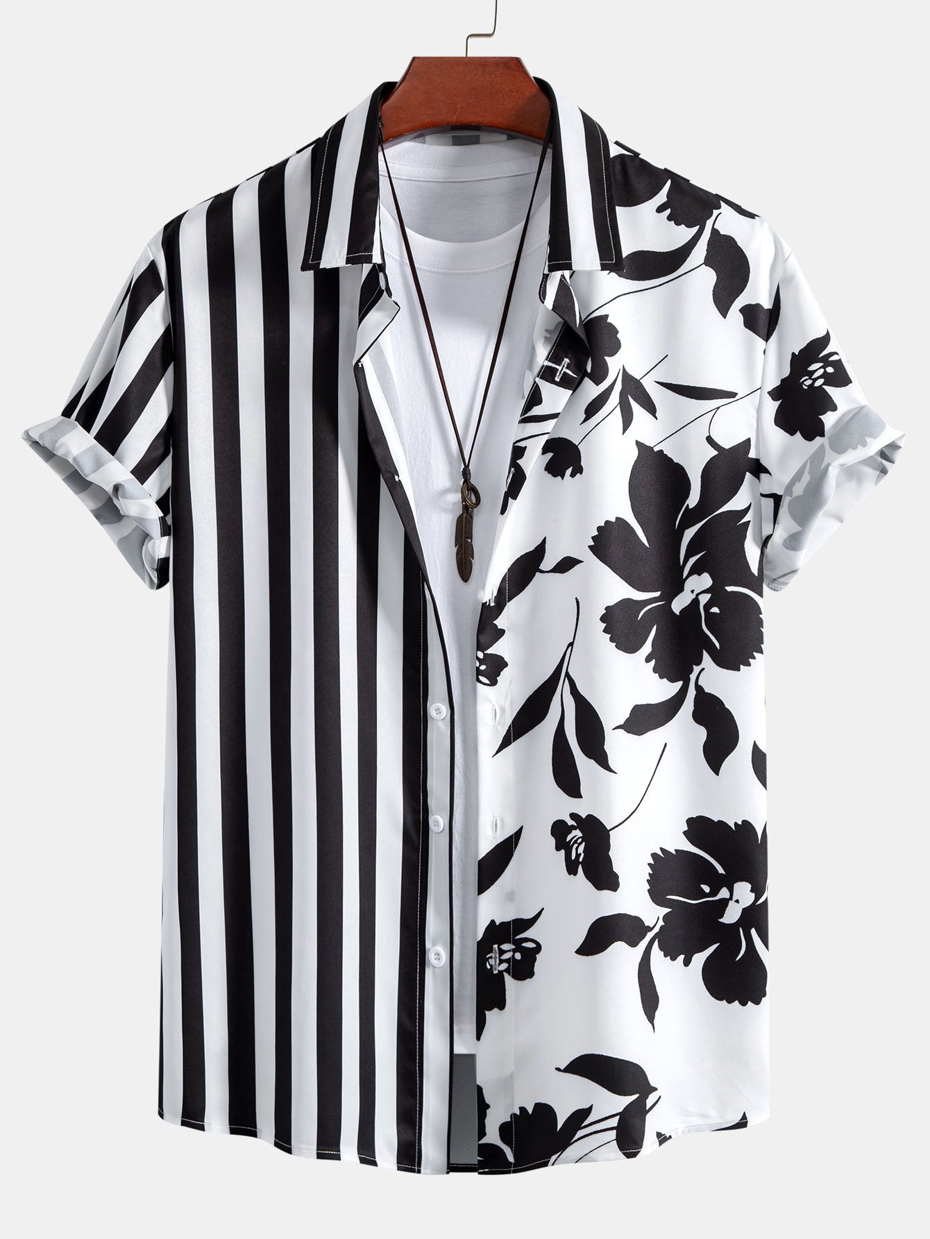 Floral Stripe Patchwork Print Button Up Shirt & Swim Shorts