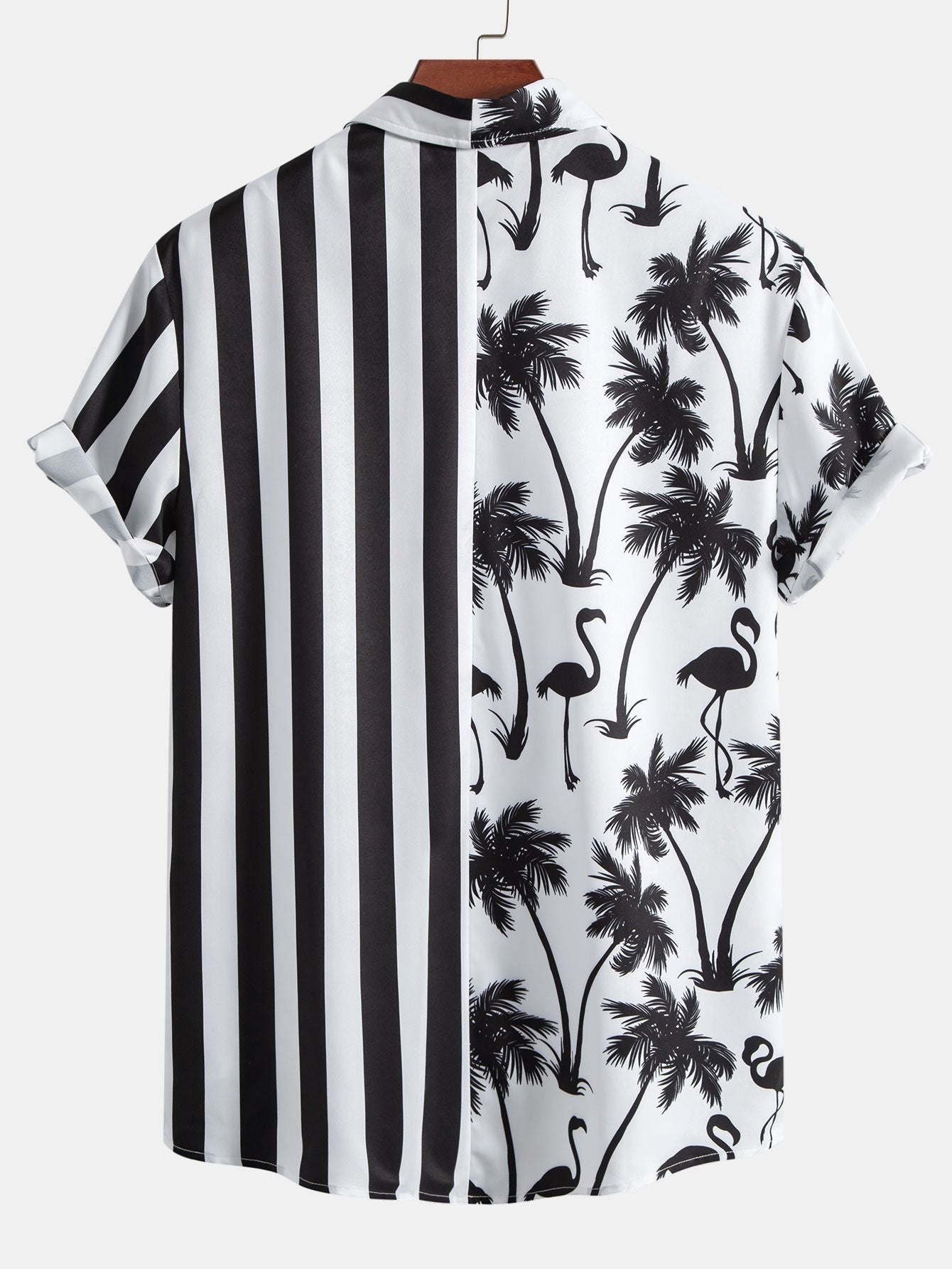 Palm Tree Flamingo Stripe Patchwork Print Button Up Shirt & Swim Shorts