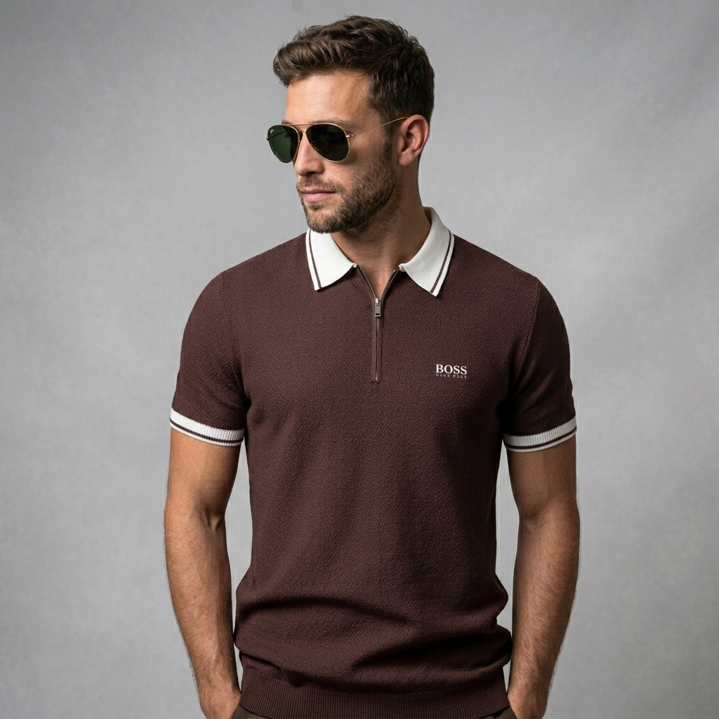 Polo Zippé en Maille Contrastée - Homme