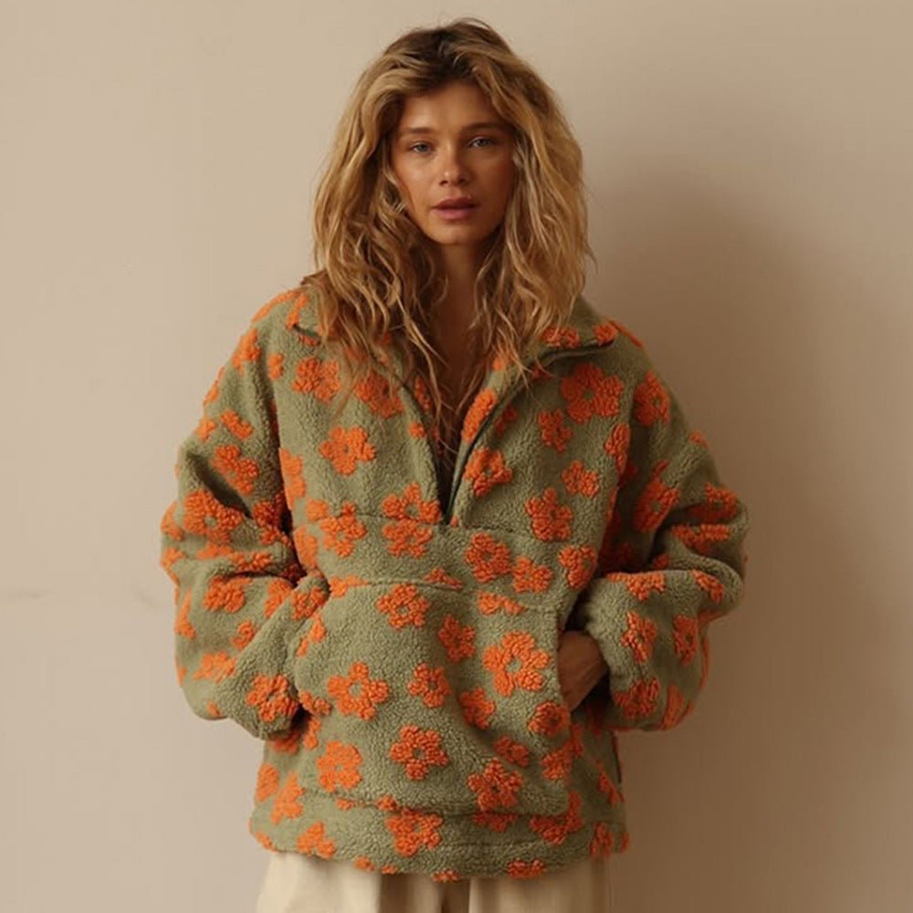 Elena - Pull fleuri en polaire sherpa avec demi-zip